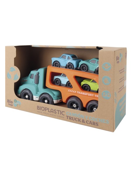 Camión porta coches y 4 coches ECO BIO.Fabricados con paja de trigo. 746T01045 TACHAN