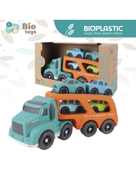 Camión porta coches y 4 coches ECO BIO.Fabricados con paja de trigo. 746T01045 TACHAN