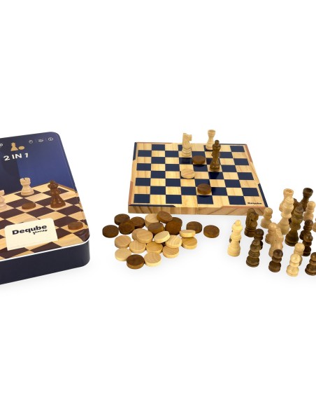 Ajedrez-Damas Metal Box Viaje Madera FSC 940D00326 DEQUBE